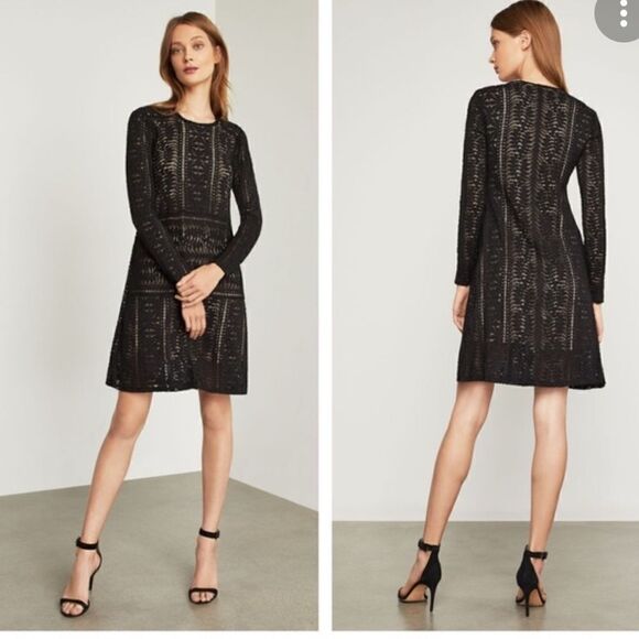 BCBGMAXAZRIA WAVING VINES LACE LONG SLEEVE SHIFTH DRESS BLACK - Picture 1 of 13